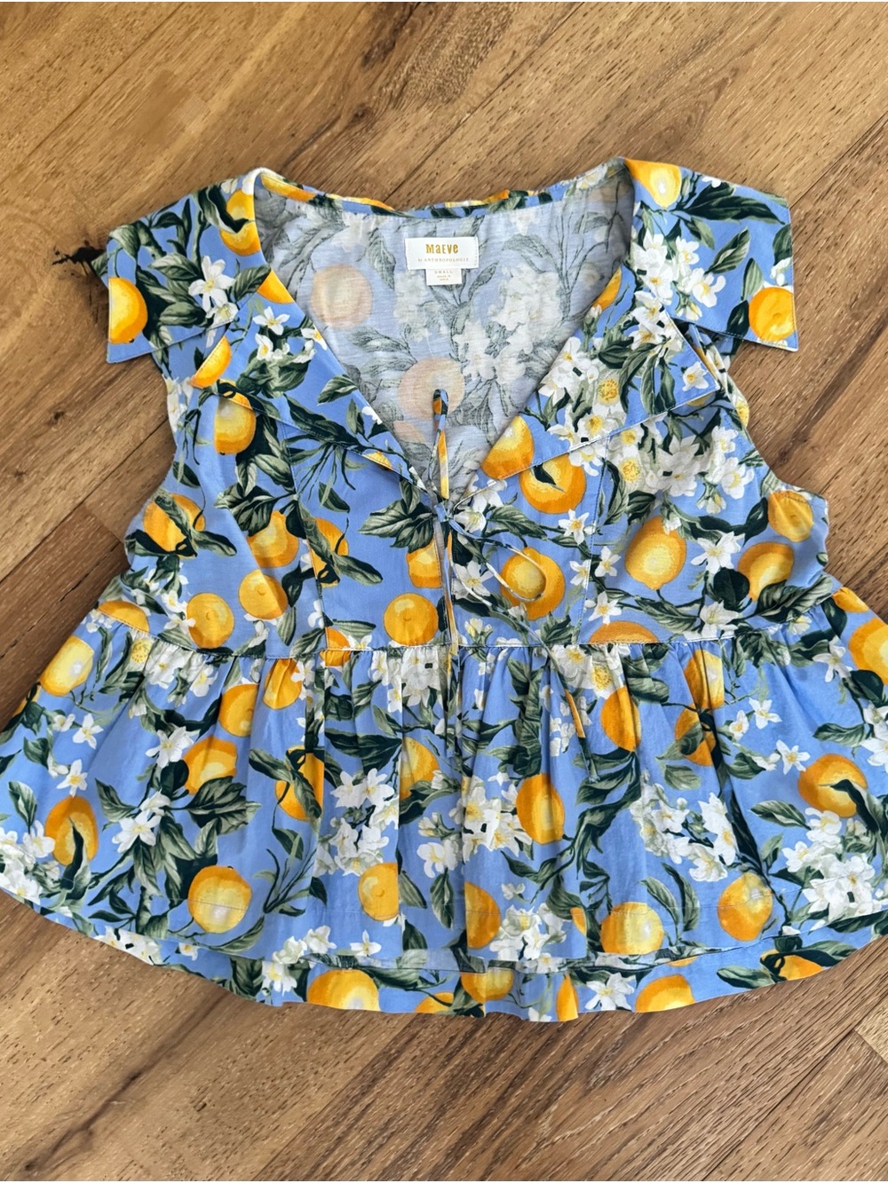 Maeve Ladies Blue Lemon Print Peplum Top